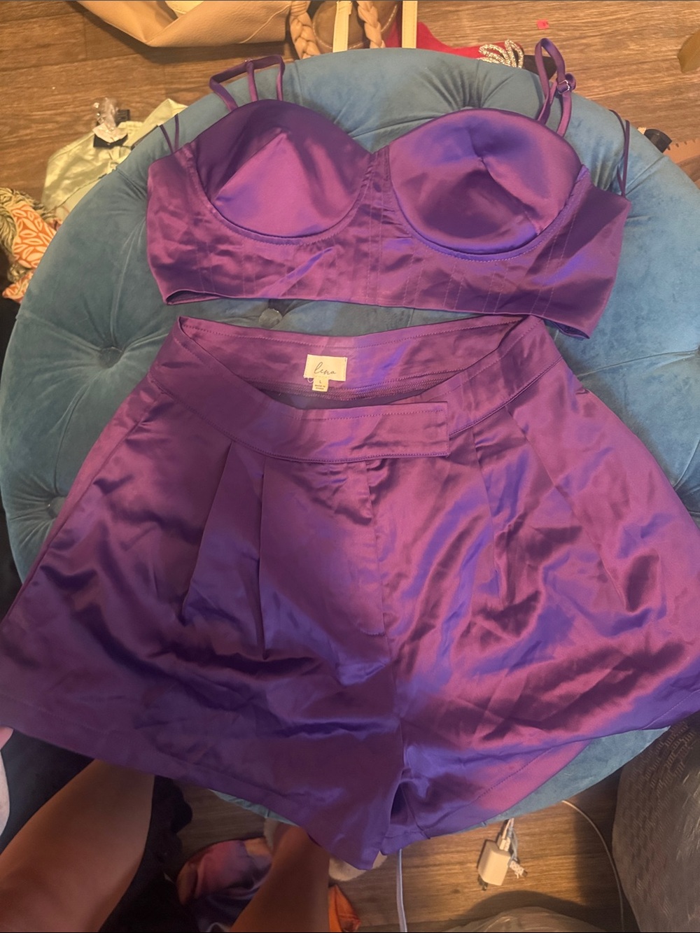 Purple Satin Two-Piece Crop Top & High-Waist Shorts Set